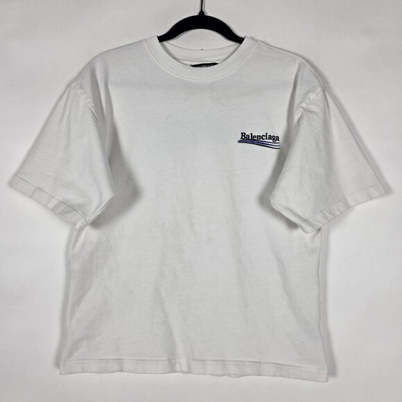 Balenciaga Political Campaign Blue Embroidered Mens XS Short Sleeve White Shirt - Picture 1 of 8